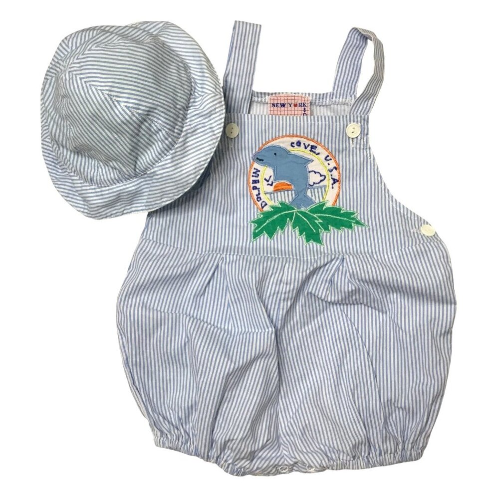 VTG NEW YORK KIDS Blue Stripe Dolphin Cove USA Romper & Hat 24M 100% Cotton VBC